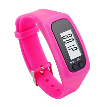 Voberry® Digital LCD Pedometer Run Step Walking Distance Calorie Counter Watch Bracelet (Hot Pink)