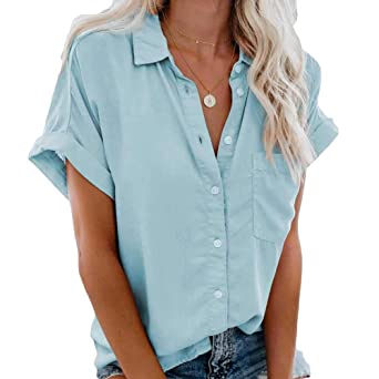 Womens Short Sleeve Shirts Button Down Shirts V-Neck Collared Blouse Summer Tops with Pockets