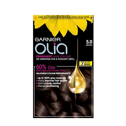 Garnier Olia Brown Hair Dye Permanent, Up to 100% Grey Hair Coverage, No Ammonia for a Pleasant Scent, 60% Oils - 5.0 Brown