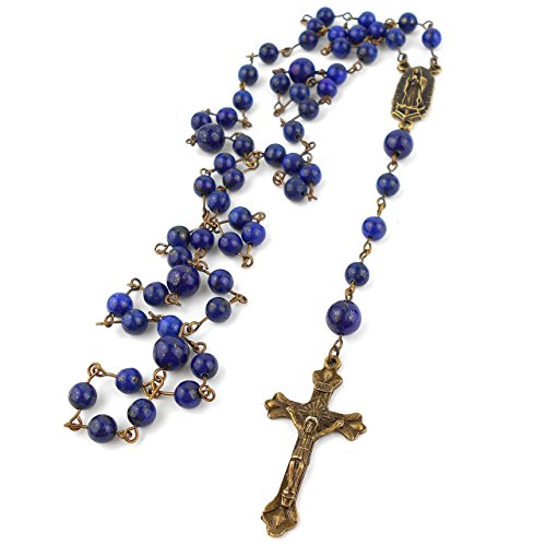 Natural Lapis Lazuli Five Decade Rosary with Lady of Guadalupe centre in an Antique Bronze colour
