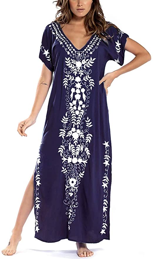 Bsubseach Women Embroidery Short Sleeve Bikini Swimsuit Cover Up Side Split Beach Kaftan Dress