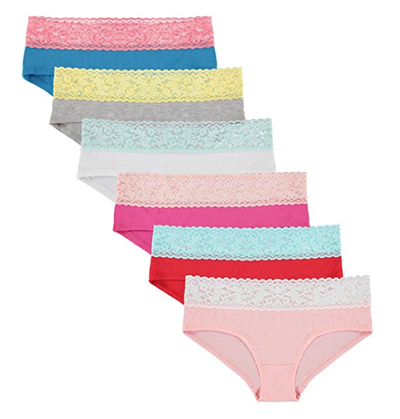 6 Pack: Free to Live Women's Contrast Lace Band Cotton Hipster Panties