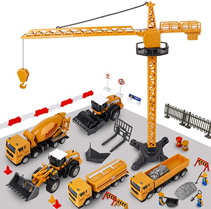 Construction Vehicle Truck Toy Set - 64PCS Kids Engineering Truck Playset with Play Mat, Crane, Cement, Fuel Truck, Wheel Loader with 3 Interchangeable Parts, Birthday for Boys Toddlers