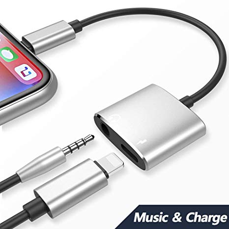 2 in 1 Lighting Audio  Charger Adapter Phone X Phone 8/8Plus Phone 7/7Plus Headset Earphone.Headphone 3.5mm AUX Audio Splitter Charger Adaptor Wire Control.Compatible iOS 11.4 Later-Silver