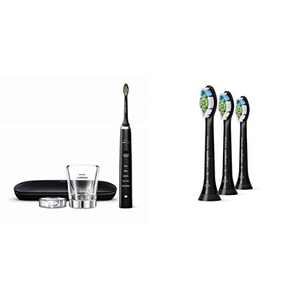 Philips Sonicare Diamond Clean Classic Rechargeable Electric Toothbrush Black with replacement toothbrush heads, 3 pk