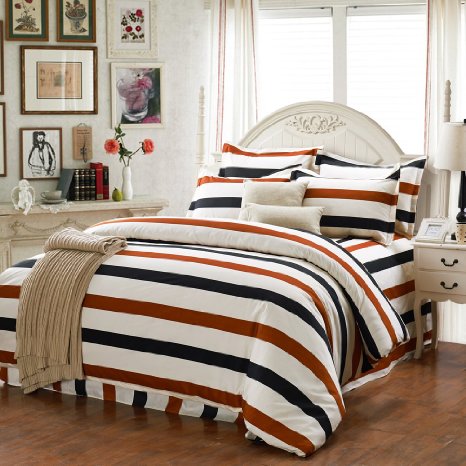 QzzieLife High Quality Microfiber 1500T 4pc Bedding Duvet Cover Sets Flat Sheet Striped Beige Size King