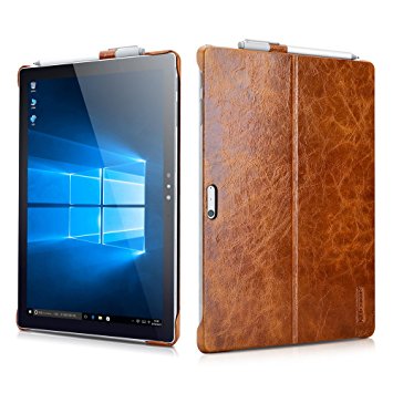 Surface Pro 4 Case Icarer [Genuine Leather Luxury Series] Back Cover with [Pen Holder & Kickstand Mode] Snug Fit for Surface Pro 4 12.3inch, Compatible with Pro 4 Original Keyboard (Brown)