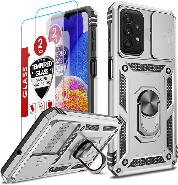 LeYi for Samsung Galaxy A23 Case 4G/ 5G, Galaxy A23 Phone Case with Slide Camera Cover   [2 Pack] Tempered Glass Screen Protector, Military-Grade Case with Metal Kickstand for Samsung A23, Silver