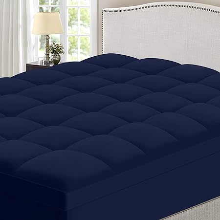 Twin Size Mattress Topper for Back Pain - Soft Flat Sheet and Pillowcase - Extra Thick Mattress Pad Cover - Overfilled Pillow Top - 3 Piece Set - Navy Blue