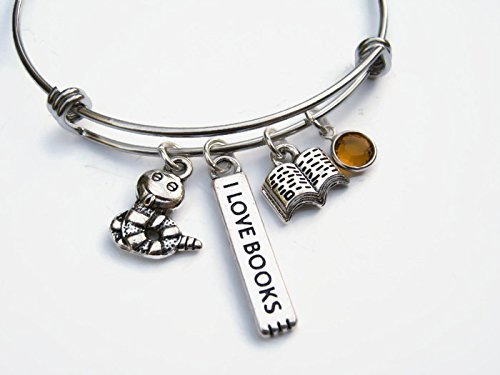 Personalized Bookworm Bracelet, Expandable Bangle Bracelet, Stainless Steel Bracelet, Librarian Bracelet, Book Lover Gift