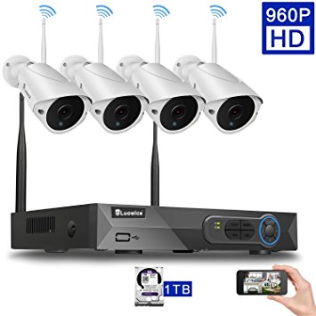 Luowice 4CH 960p HD Wireless CCTV Security Camera System with 4x960p WIFI Indoor/Outdoor Bullets Cameras 80ft IR Night Vision with 1 TB HDD Preinstalled