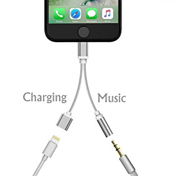 Lxyugg iphone 7 adapter(Compatible with IOS10.3) , 2 in 1 Lightning Adapter and charger , 3.5mm Earphones Jack Cable for New iPhone 7/7 plus (Silver)-No Music Control and Calling Function