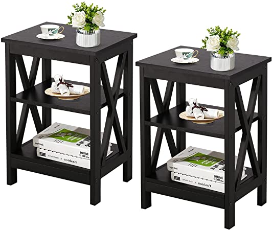 VECELO Side/End Storage with Shelf Versatile Nightstands Lamp Table Living Room Bedroom Furniture, Shelves, Classic Black