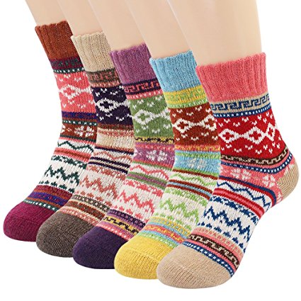 Hippih 5 Pairs Socks Womens Vintage Style Winter Thick Knitting Warm Wool Crew