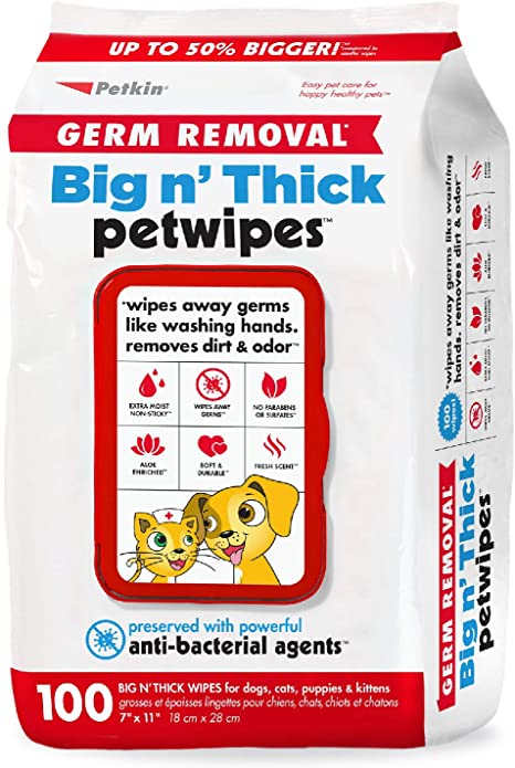 Petkin Pet Wipes – Big 'n Thick Extra Large Germ Removal Pet Wipes – Cleans Face, Ears, Body and Eye Area – Super Convenient, Ideal for Home or Travel- Wipes for Pets