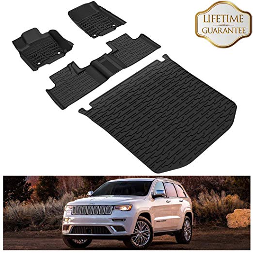 KIWI MASTER Floor Mats & Cargo Liners Set Compatible for 2016-2019 Jeep Grand Cherokee All Weather Protector Mat Front & Rear 2 Row Seat TPE Slush Liner Black