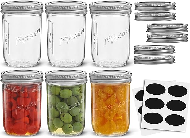 16 Oz Mason Jars With Lids, Labels and Measures! 6-Pack Wide Mouth Mason Jars, Glass Jar with Lid and Band. Airtight Canning Jars, Overnight Oats Jars, Salad Jars, Sourdough Starter Jar