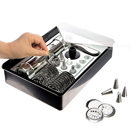 Cookie Press Kit, Includes Storage Case with 25 Seasonal Discs & 8 Icing Tips, Plus FREE Recipes, Helpful Tips and How To Use Videos. DKST Kitchen's Highest Quality Spritz Dough Gun Biscuit Maker