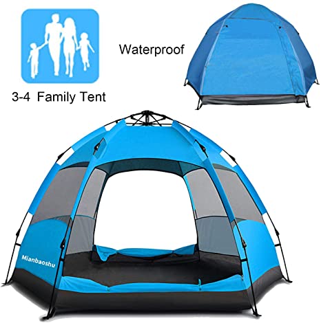 Mianbaoshu Automatic Waterproof Family Camping Tent for 3-4 Persons,Big Size Oxford Cloth Double Layer Family Camping Tent with Instant Setup.