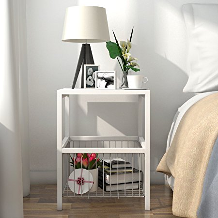 Lifewit 2-Tier Side Table / End Table / Night Stand / Coffee Table with Metal Storage Basket, White