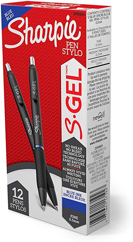 S-Gel, Gel Pens, Fine Point (0.5mm), 12 Count (Blue Ink Gel Pen)