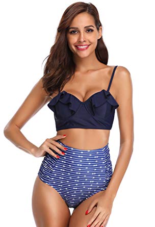 SHEKINI Women's Vintage Ruffle High Waisted Bottom Bikinis Push Up Swimwear Suit