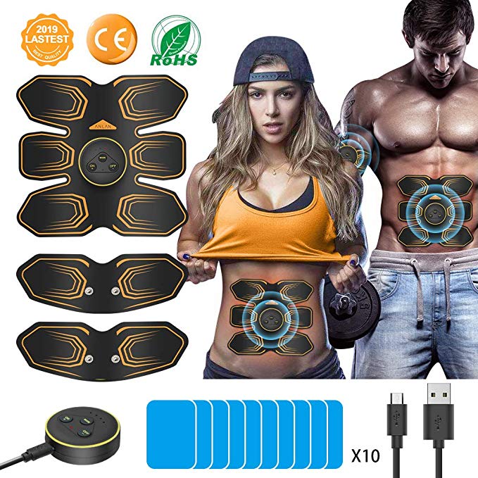 ANLAN EMS Muscle Stimulator, Abs Trainer Abdominal Muscle Toner Electronic Toning Belts Workout Home Fitness Device with USB Rechargeable 10 Replacement Gel Pads for Men And Women