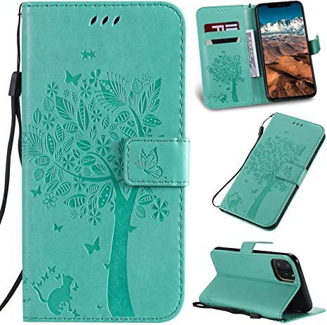 iPhone 11 Case with Screen Protector,iPhone 11 Wallet Case,Flip Case PU Leather Emboss Tree Cat Flowers Folio Magnetic Kickstand Cover Card Slots for iPhone 11 Teal