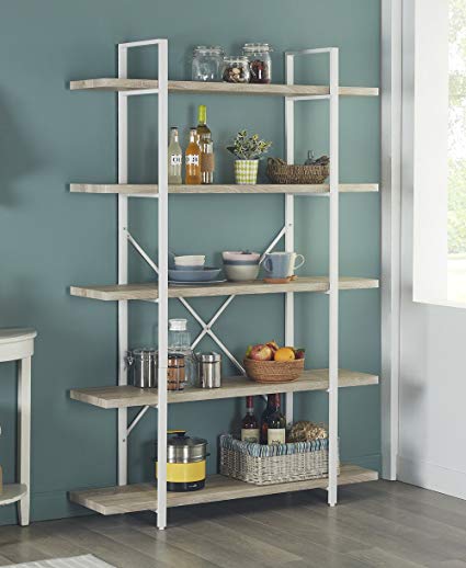 Homissue 5-Shelf Modern Style Bookshelf, Light Oak Shelves and White Metal Frame, Display Storage Rack for Collection, 70.0''Height