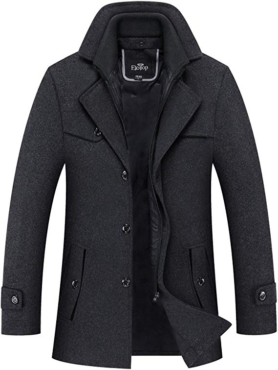 ELETOP Men's Coat Wool Jacket Single Breasted Winter Pea Coat Detachable Collar Windbreaker