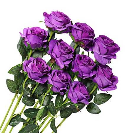 Veryhome 10 Pcs Artificial Roses Silk Flowers Fake Single Stem Blooming Rose Bridal Bouqets For Wedding Home Birthday Party Arrangment Garden Decoration (Purple)