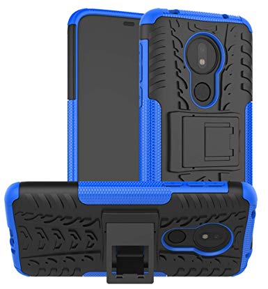 Yiakeng Moto G7 Power Case, Double Layer Shockproof Slim Drop Full Body Protection With Kickstand For Motorola Moto G7 Power (Blue)