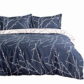 Bedsure Duvet Cover Set with Zipper Closure-Branch and Plum Blue Printed Pattern,Twin (68"x90")-2 Piece (1 Duvet Cover   1 Pillow Sham)-110 GSM Ultra Soft Hypoallergenic Microfiber