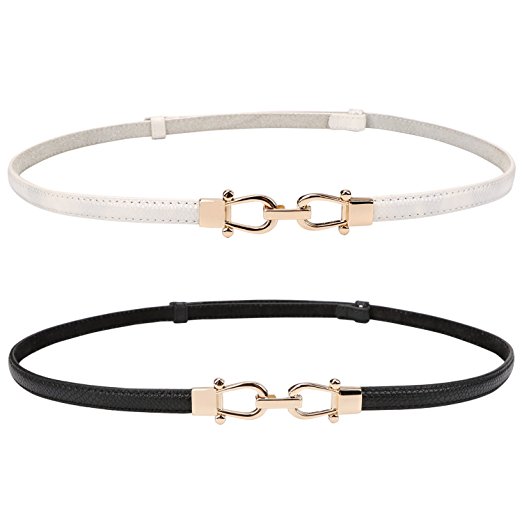 Leather Skinny Women Belt Thin Waist Belts for Dresses Up to 33"with Interlocking Buckle 2 Pack