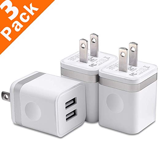 USB Wall Charger, WITPRO 3-Pack 2.1A/5V Dual Port USB Power Adapter Plug Charging Cube Compatible with iPhone, iPad, iPod, Pixel, Samsung, Moto, Kindle, More (White/Silver)