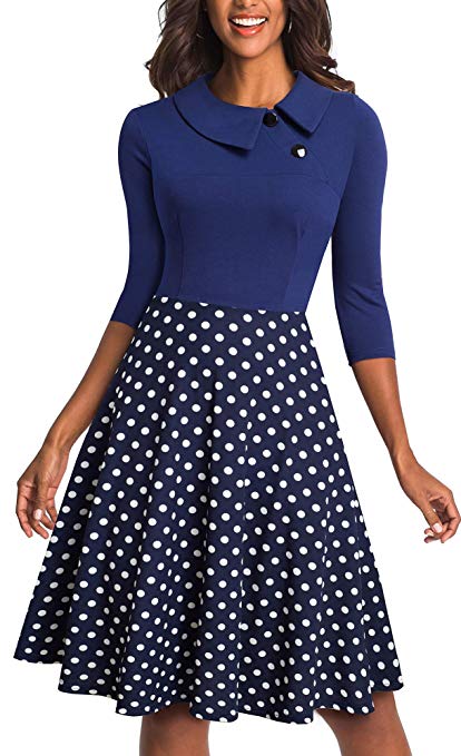 HOMEYEE Women's Lapel 3/4 Sleeve Church Aline Colorblock Work Dress A121