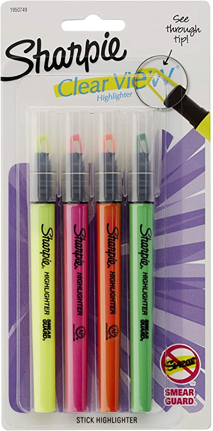 Sharpie Clear View Highlighter Stick, Assorted, 4/Pack (1950749)