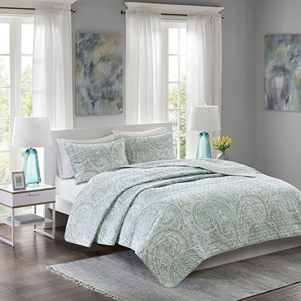 Comfort Spaces - Kashmir Mini Quilt Set - 3 Piece - Paisley Pattern - Blue, Grey, - King/California King Size, includes 1 Quilt, 2 Shams