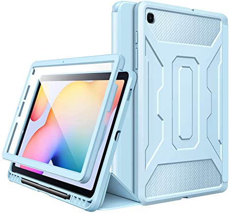 MoKo Case Fit Samsung Galaxy Tab S6 Lite 10.4 2020 SM-P610/P615, [Built-in Screen Protector] Full-Body Shockproof Case Smart Shell Trifold Stand Cover with Auto Sleep/Wake & Pencil Holder - Sky Blue