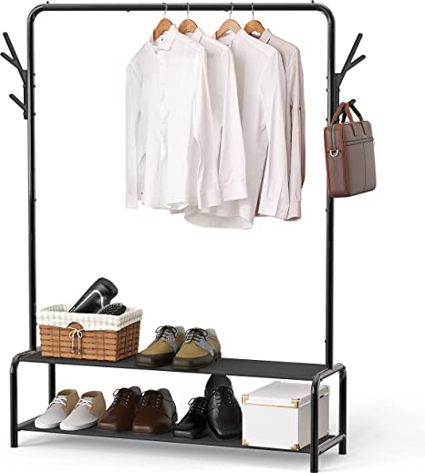 Simple Houseware Garment Rack with Storage Shelves and Coat / Hat Hanging Hooks