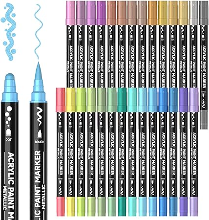 28 Metallic Colors Dual Tip Acrylic Paint Markers, Brush Tip and Dot Tip Acrylic Paint Pens for Rock Painting, Ceramic, Wood, Canvas, Plastic, Glass, Stone, Calligraphy, Card Making, DIY Crafts