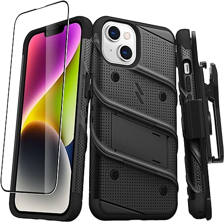 ZIZO Bolt Bundle for iPhone 14 (6.1) Case with Screen Protector Kickstand Holster Lanyard - Black