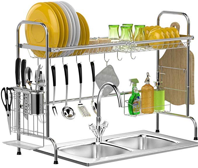 Over The Sink Dish Drying Rack, BuyAgain Stable Stainless Steel Dish Drying Rack Kitchen Organizer Dish Drainers Shelf for Kitchen Counter, Silver