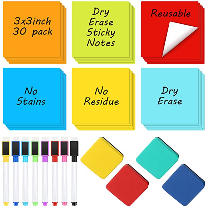 30 Pieces Dry Erase Sticky Notes, 3 x 3 Inches Reusable Whiteboard Stickers with 8 Colors Erasable Markers and 4 Pieces Erasers, Removable Sticky Board for to Do List, Reminders, Classroom Supplies