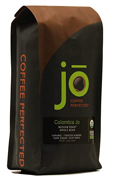 COLOMBIA JO: 12 oz, Organic Whole Bean Colombian Coffee, Medium Roast, Fair Trade Certified, USDA Certified Organic, 100% Arabica Coffee, NON-GMO, Gluten Free, Gourmet Coffee from Jo Coffee