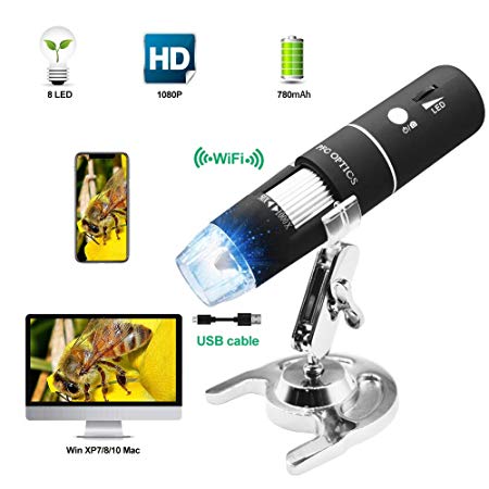 PFC Optics Wireless Digital Microscope 50X-1000X 1080P Handheld Portable Mini WiFi USB Microscope Camera with 8 LED lights for iPhone/iPad/Smartphone/Tablet/PC