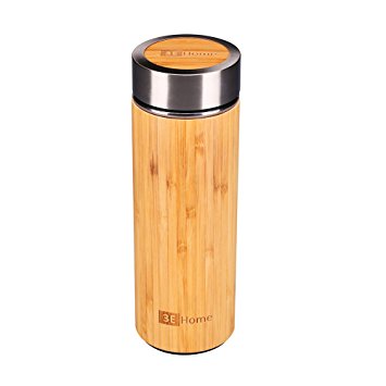 3E Home 31-1000, Stainless Steel Bamboo tumbler, Tea Infuser, Coffee Travel Mug with Strainer Vacuum Insulated, 8"X2.75"(14 Oz)