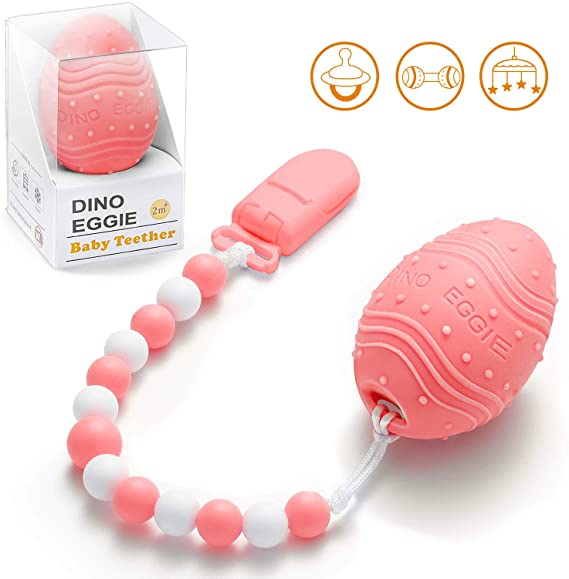 Dino Eggie Egg Teether Baby Teething Toy with Silicone Beaded Pacifier Holder Clip, BPA-Free, CPSC Lab Tested and Approved, for Baby Boys and Girls - Coral Red