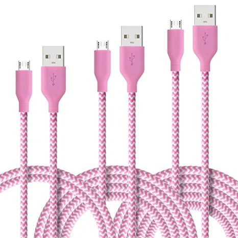 [3 Pack] Fasgear Micro USB(3ft,6ft,10ft) - Premium Charging Cables [Braided Nylon] for Samsung, Nexus, LG, Android Smartphone and More (Pink)