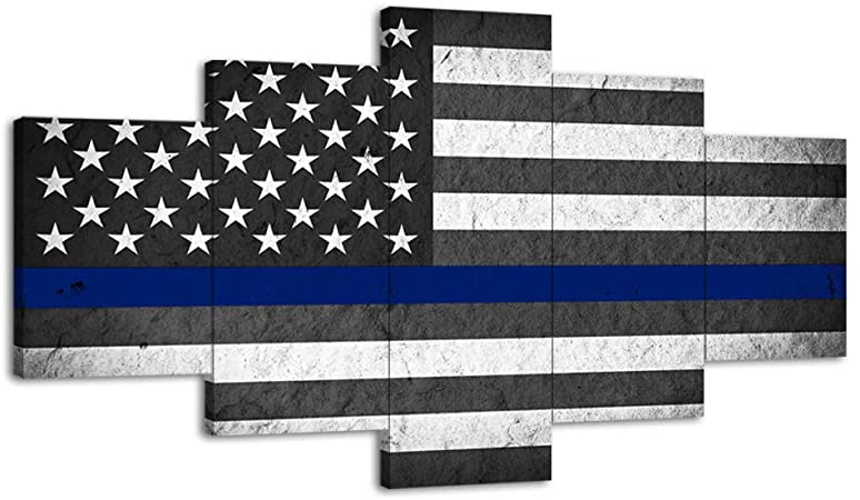 US USA American Flag Military Canvas Print Wall Art Thin Blue Line Home Decor Decals Pictures Poster for Living Room Bedroom Dining Room Office 5 Panel Paintings Framed Ready to Hang (60"Wx32"H, f)
